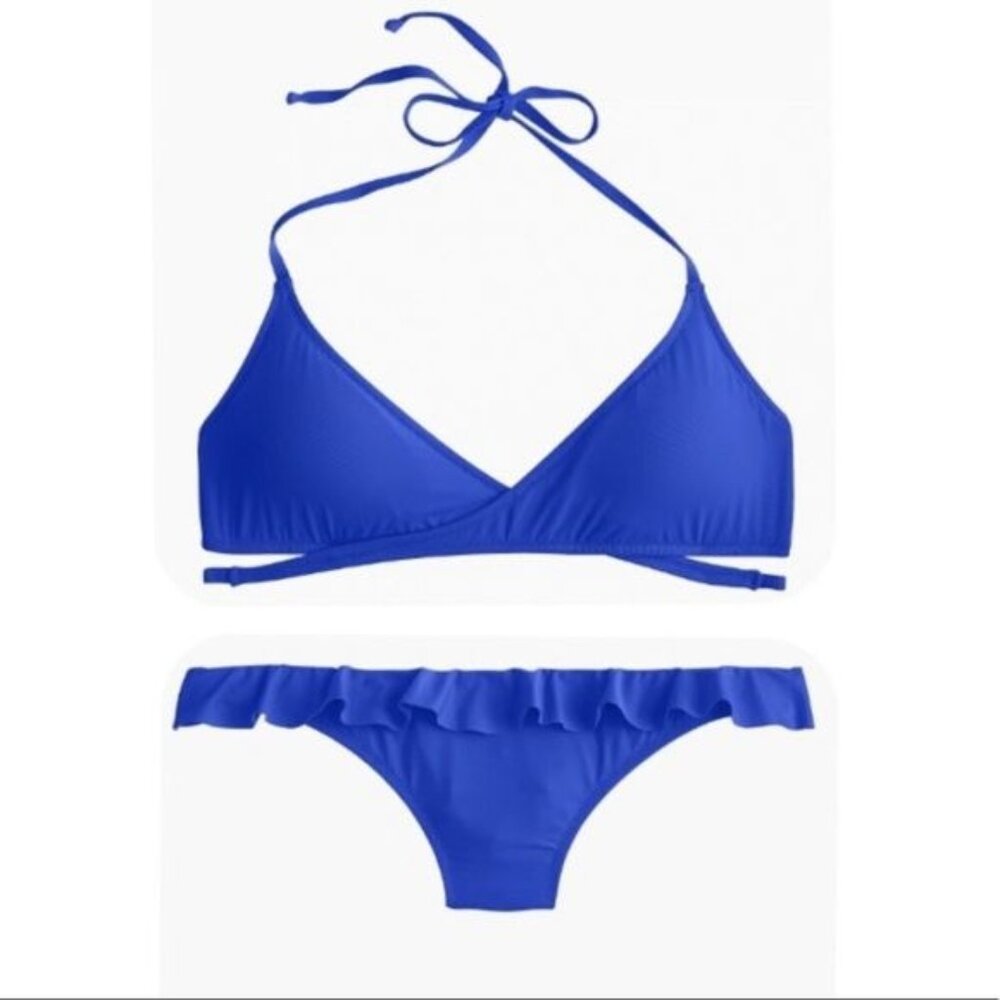 J. Crew Wrap Front Halter Ruffle Hipster Bikini in Bistro Blue Size XL NWT